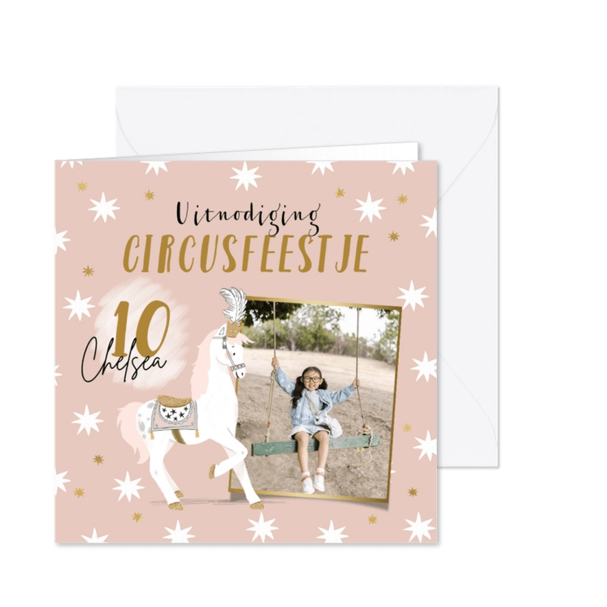 Uitnodiging kinderfeest circus paard sterren goudlook foto - Kaartimpressie