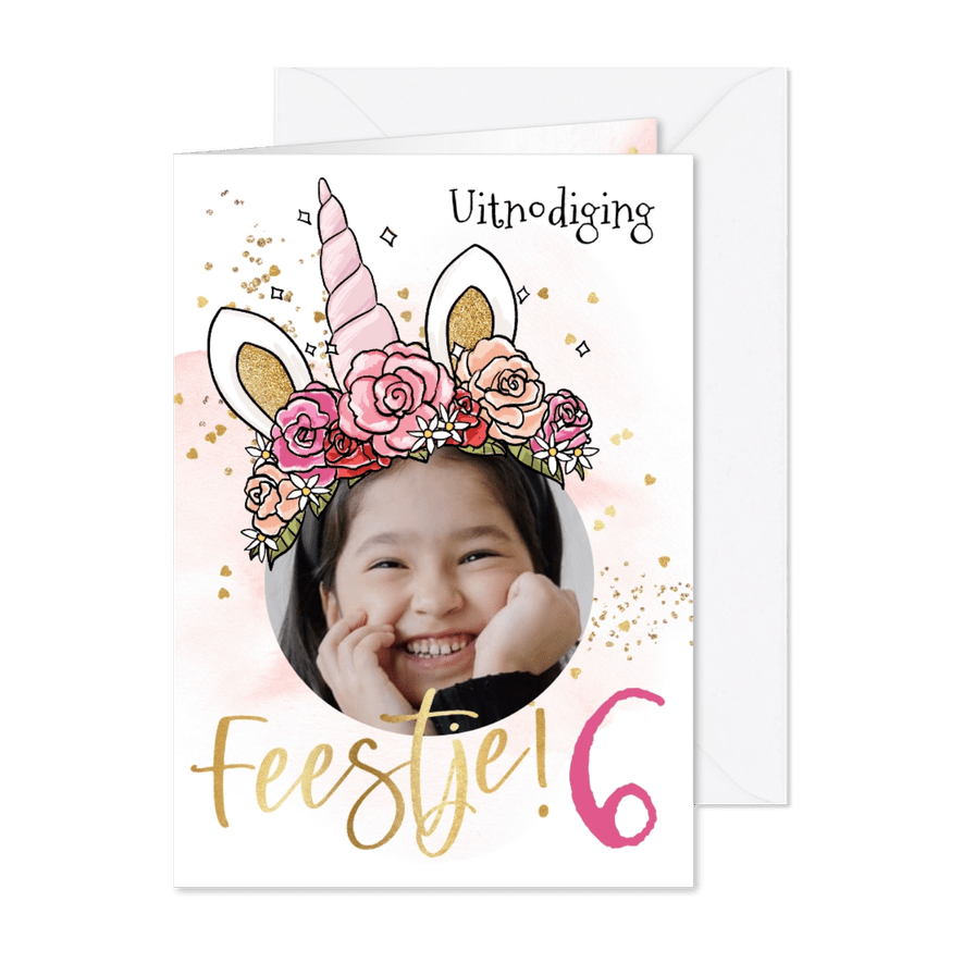Uitnodiging kinderfeest eenhoorn kroon hartjes goud - Kaartimpressie