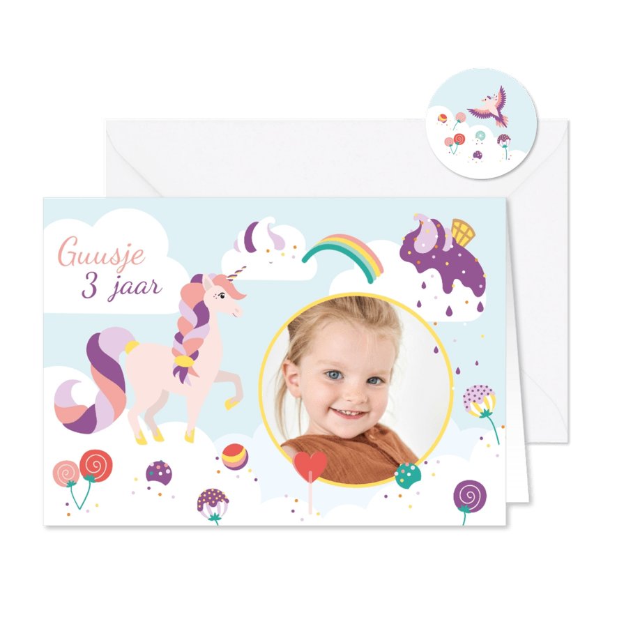 Uitnodiging kinderfeest eenhoorn meisje - Kaartimpressie