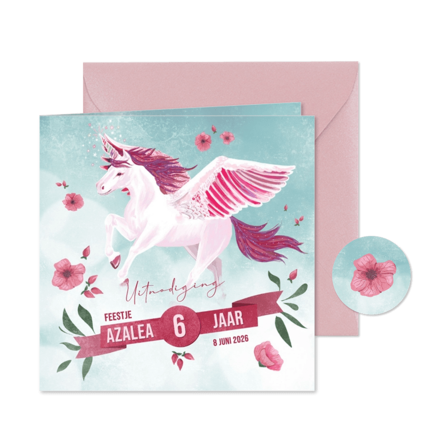Uitnodiging kinderfeest met magische eenhoorn en bloemen - Kaartimpressie