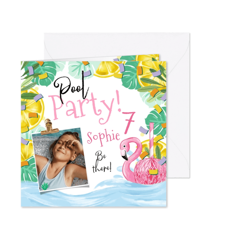 Uitnodiging kinderfeest ‘Pool Party’ tropisch flamingo - Kaartimpressie