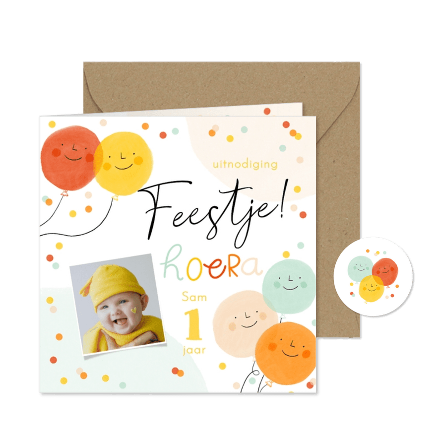 Uitnodiging kinderfeest smiley ballonnen confetti 1 jaar - Kaartimpressie