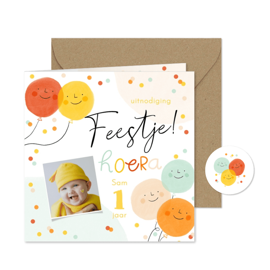 Uitnodiging kinderfeest smiley ballonnen confetti 1 jaar - Kaartimpressie