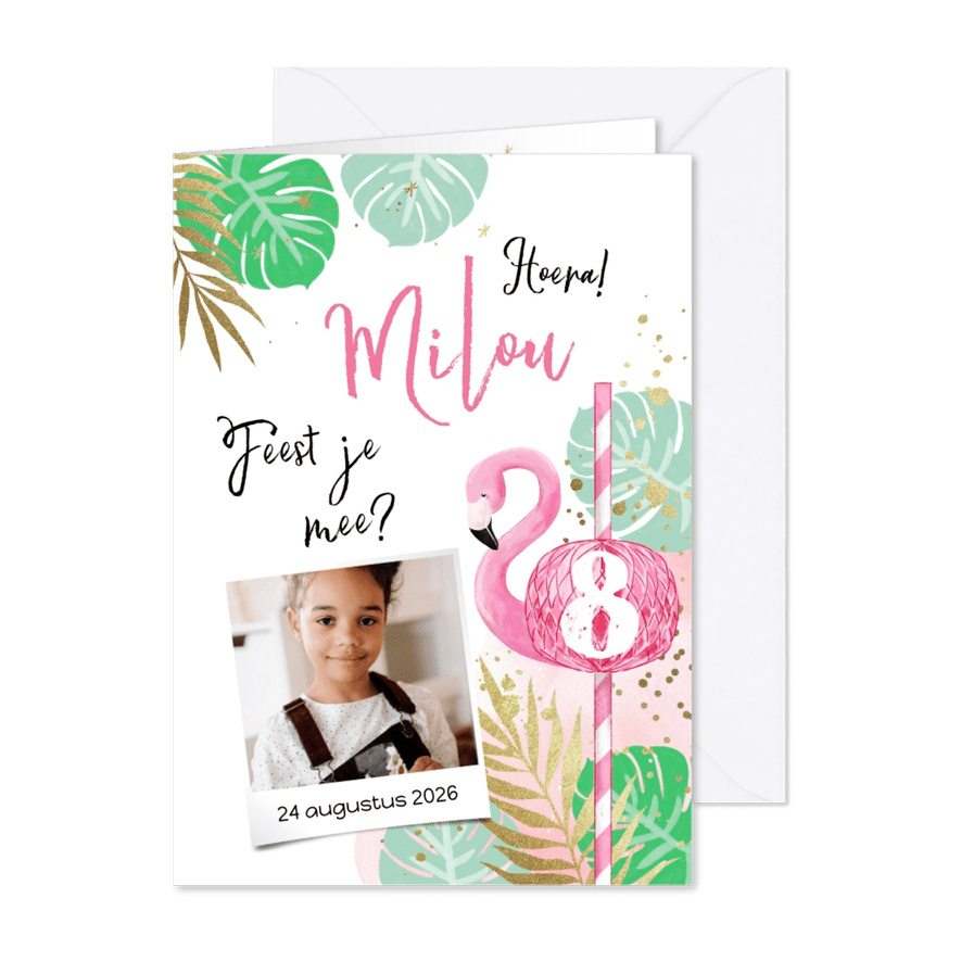 Uitnodiging kinderfeest tropical flamingo en goud - Kaartimpressie