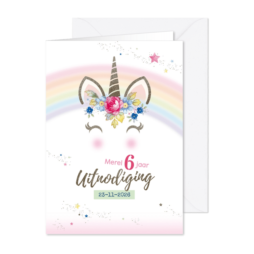 Uitnodiging kinderfeest Unicorn ansichtkaart - Kaartimpressie