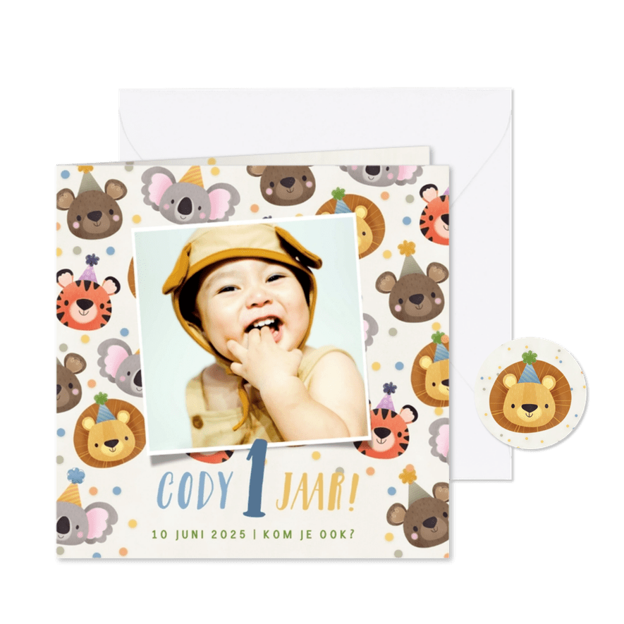 Uitnodiging kinderfeestje 1 jaar dieren met feesthoedjes - Kaartimpressie