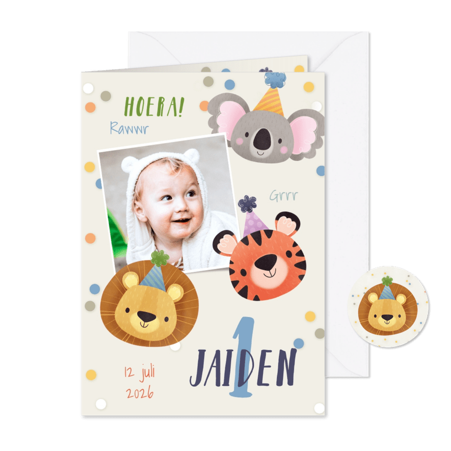 Uitnodiging kinderfeestje 1 jaar diertjes met feesthoedjes - Kaartimpressie