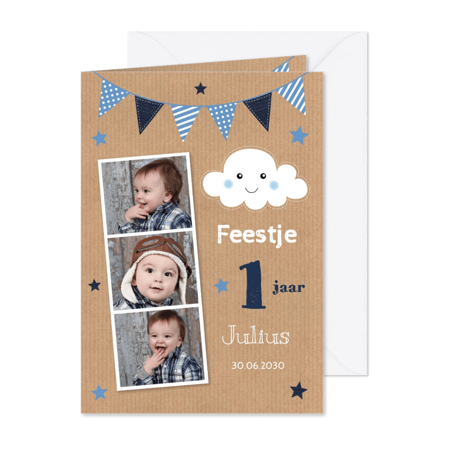Uitnodiging kinderfeestje 1 jaar fotocollage jongen slinger - Kaartimpressie