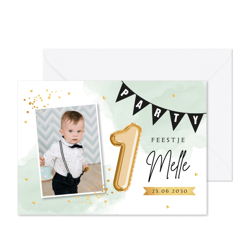 Uitnodiging kinderfeestje 1 jaar waterverf mintgroen foto - Kaartimpressie