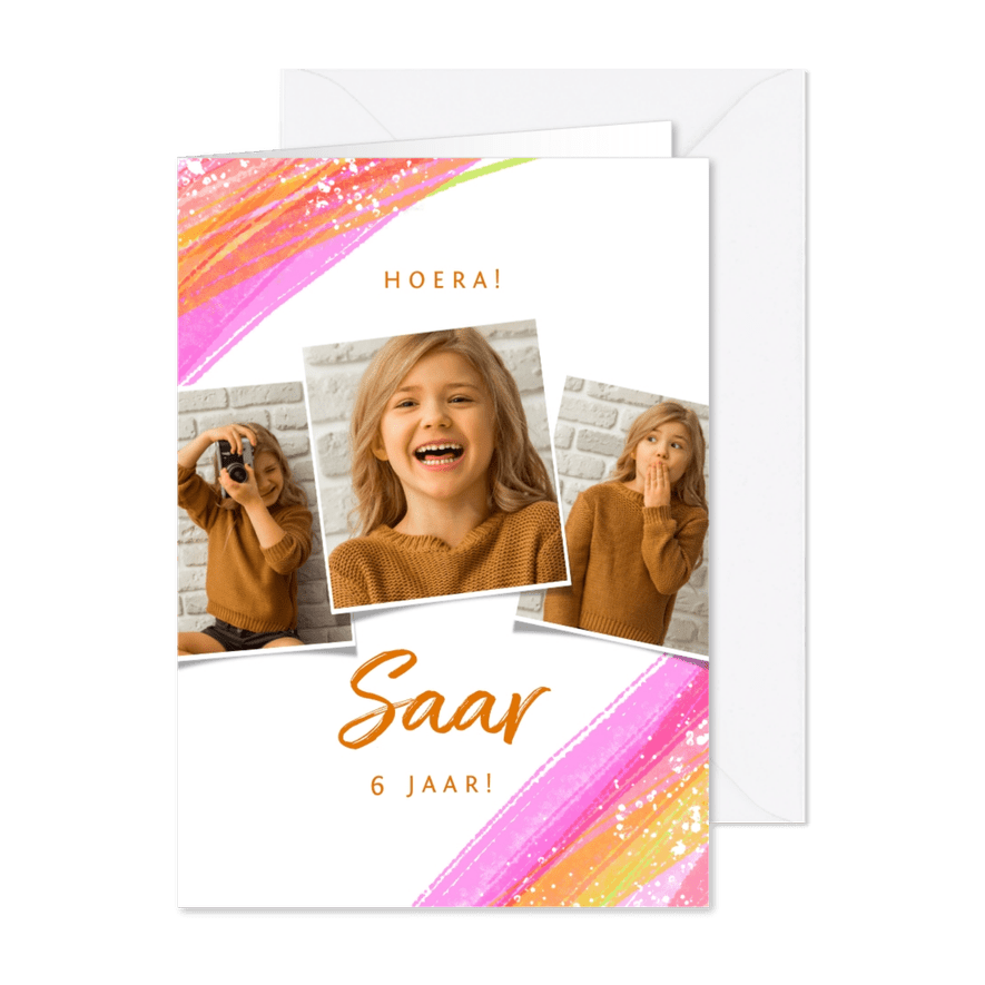 Uitnodiging kinderfeestje 3 foto's & roze verfstrepen - Kaartimpressie