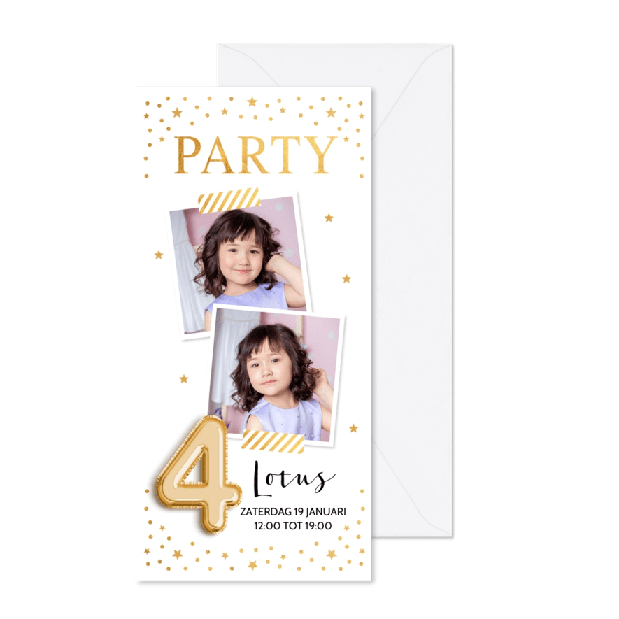 Uitnodiging kinderfeestje 4 jaar ballon goudlook - Kaartimpressie
