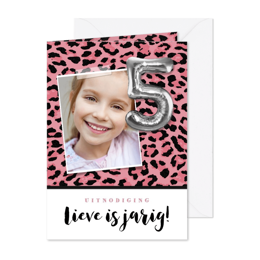 Uitnodiging kinderfeestje 5 jaar stoer panterprint - Kaartimpressie