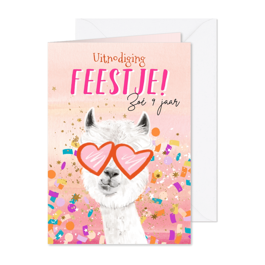 Uitnodiging kinderfeestje alpaca confettiballon goud sterren - Kaartimpressie
