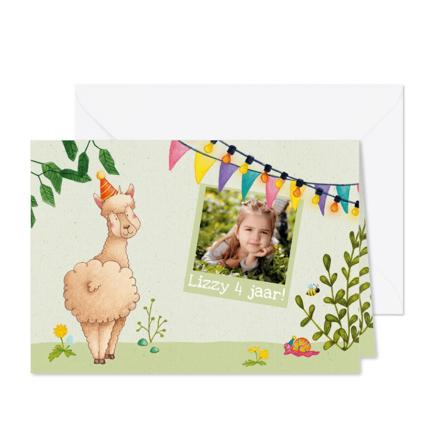 Uitnodiging kinderfeestje alpaca - Kaartimpressie