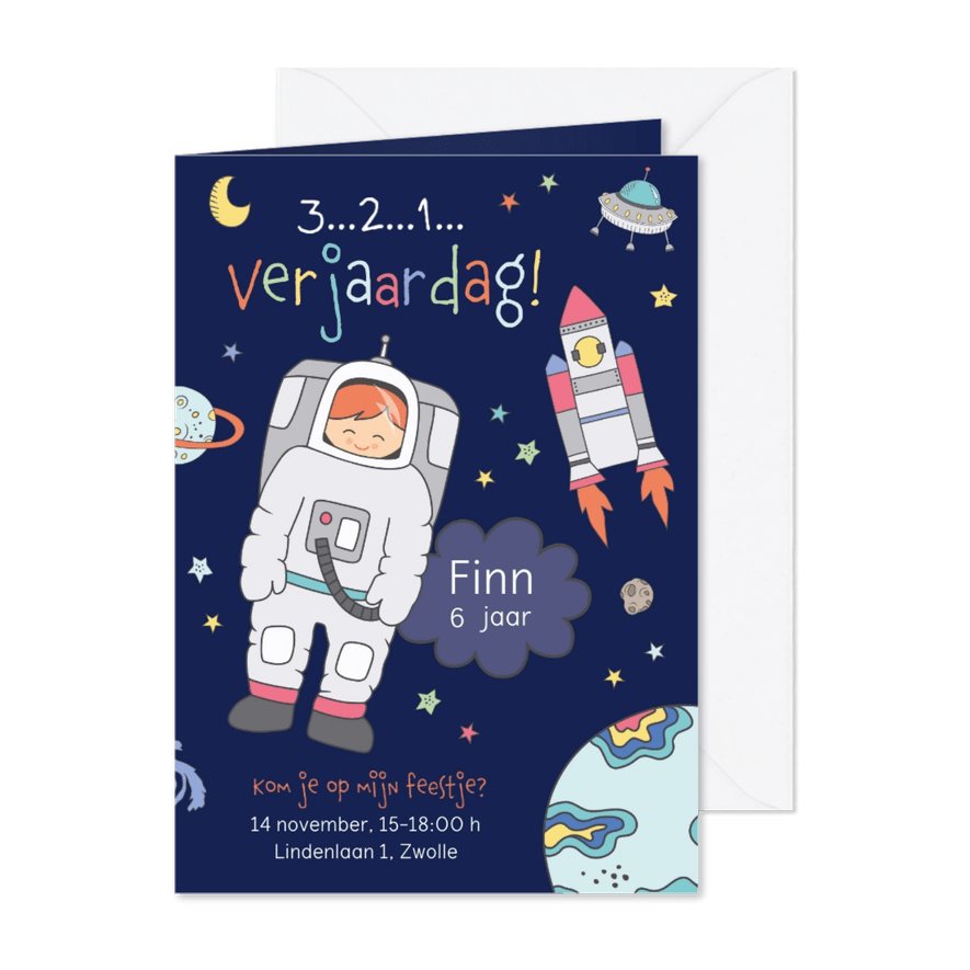 Uitnodiging kinderfeestje astronaut - Kaartimpressie