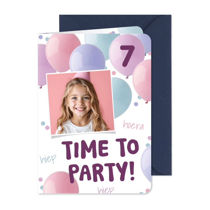 Uitnodiging kinderfeestje ballonnen foto time to party - Kaartimpressie