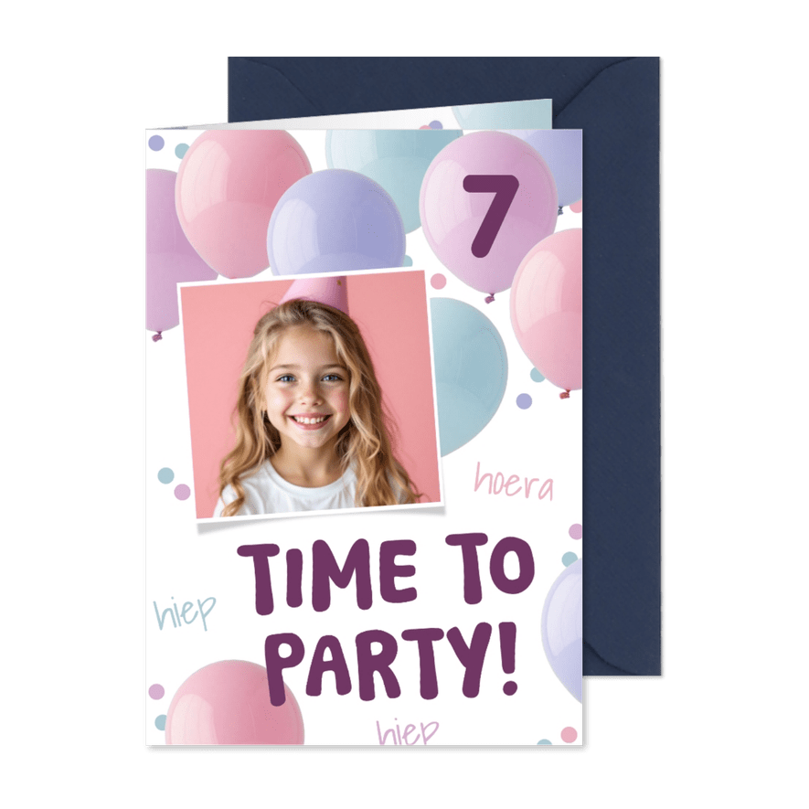 Uitnodiging kinderfeestje ballonnen foto time to party - Kaartimpressie