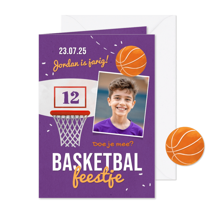 Uitnodiging kinderfeestje basketbal foto stoer - Kaartimpressie