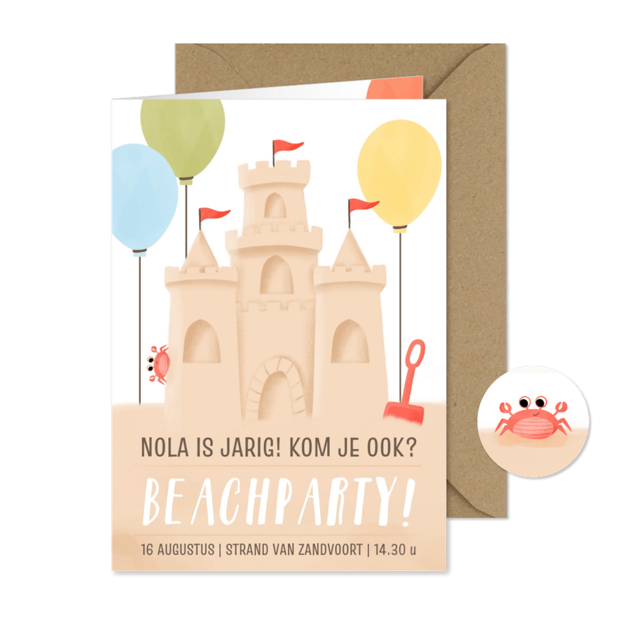 Uitnodiging kinderfeestje beachparty zandkasteel ballonnen - Kaartimpressie