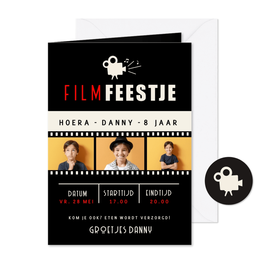 Uitnodiging kinderfeestje bioscoop in filmposter stijl - Kaartimpressie