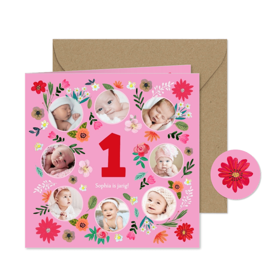 Uitnodiging kinderfeestje bloemen fotocollage 1 jaar - Kaartimpressie