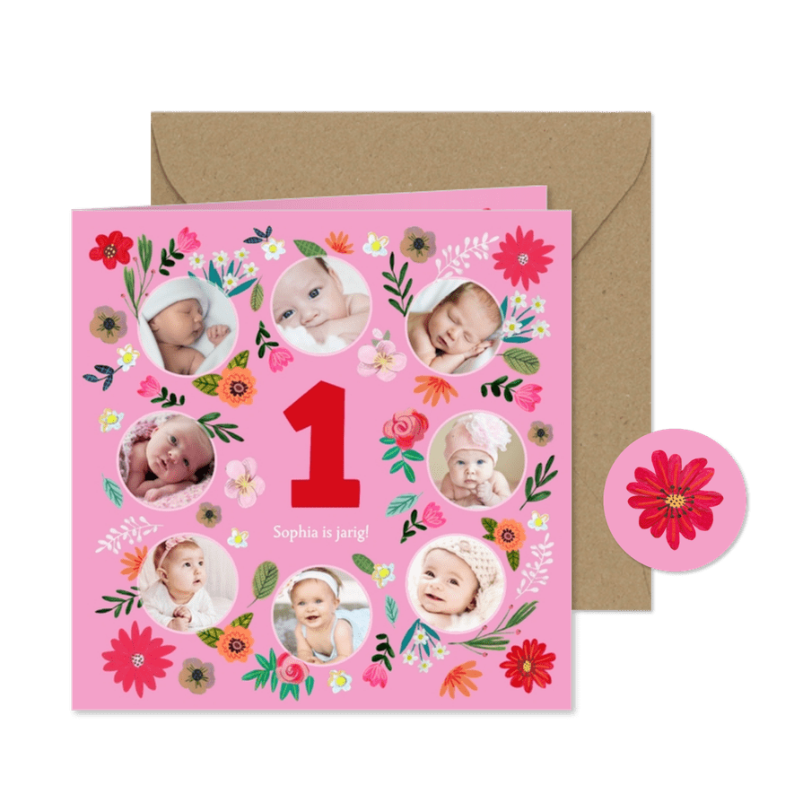 Uitnodiging kinderfeestje bloemen fotocollage 1 jaar - Kaartimpressie