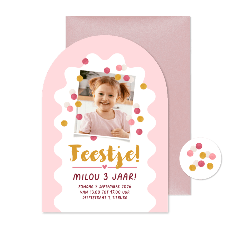 Uitnodiging kinderfeestje boogvorm confetti roze goud foto - Kaartimpressie