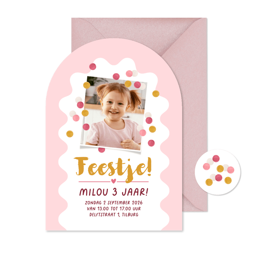Uitnodiging kinderfeestje boogvorm confetti roze goud foto - Kaartimpressie
