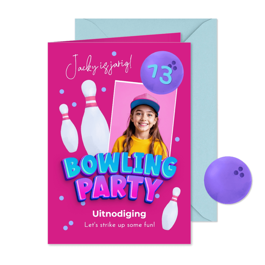 Uitnodiging kinderfeestje bowlen confetti foto party - Kaartimpressie