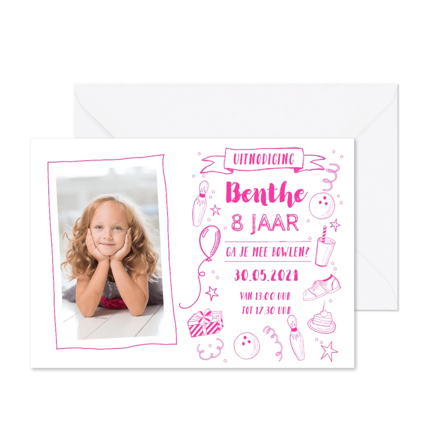 Uitnodiging kinderfeestje bowlen foto roze  - Kaartimpressie