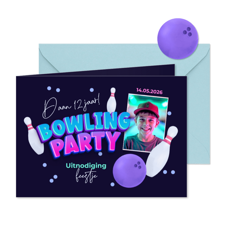 Uitnodiging kinderfeestje bowling party foto feestje - Kaartimpressie