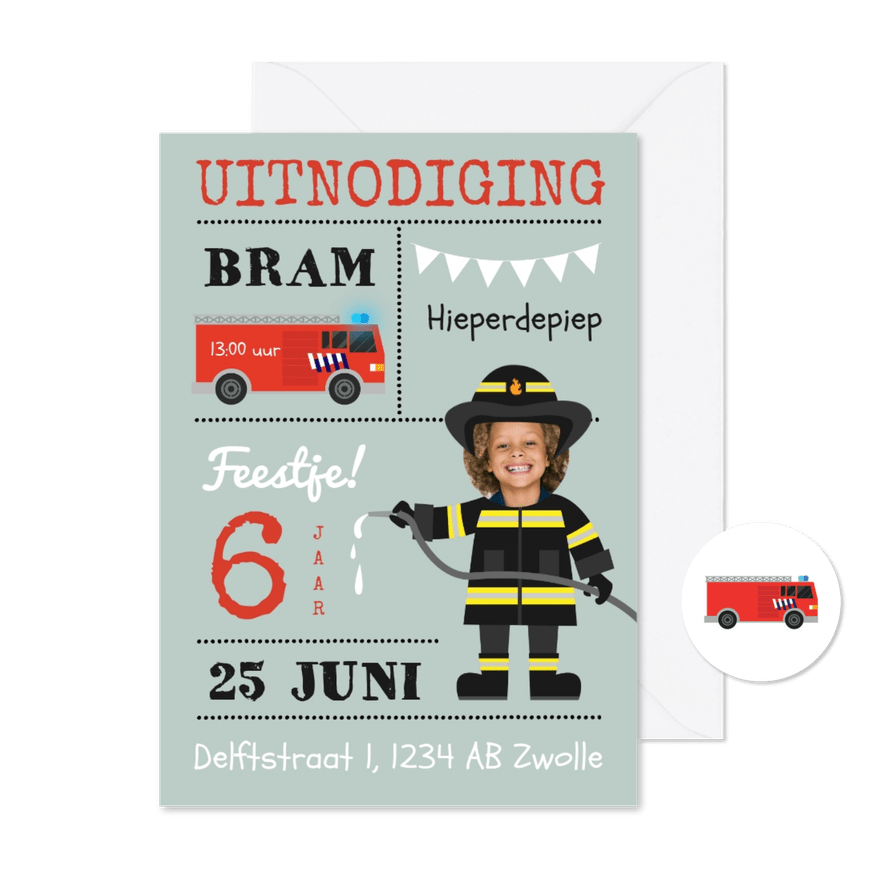 Uitnodiging kinderfeestje brandweer en brandweerauto thema - Kaartimpressie