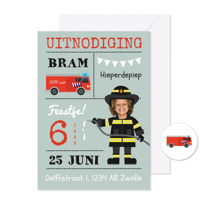 Uitnodiging kinderfeestje brandweer en brandweerauto thema - Kaartimpressie