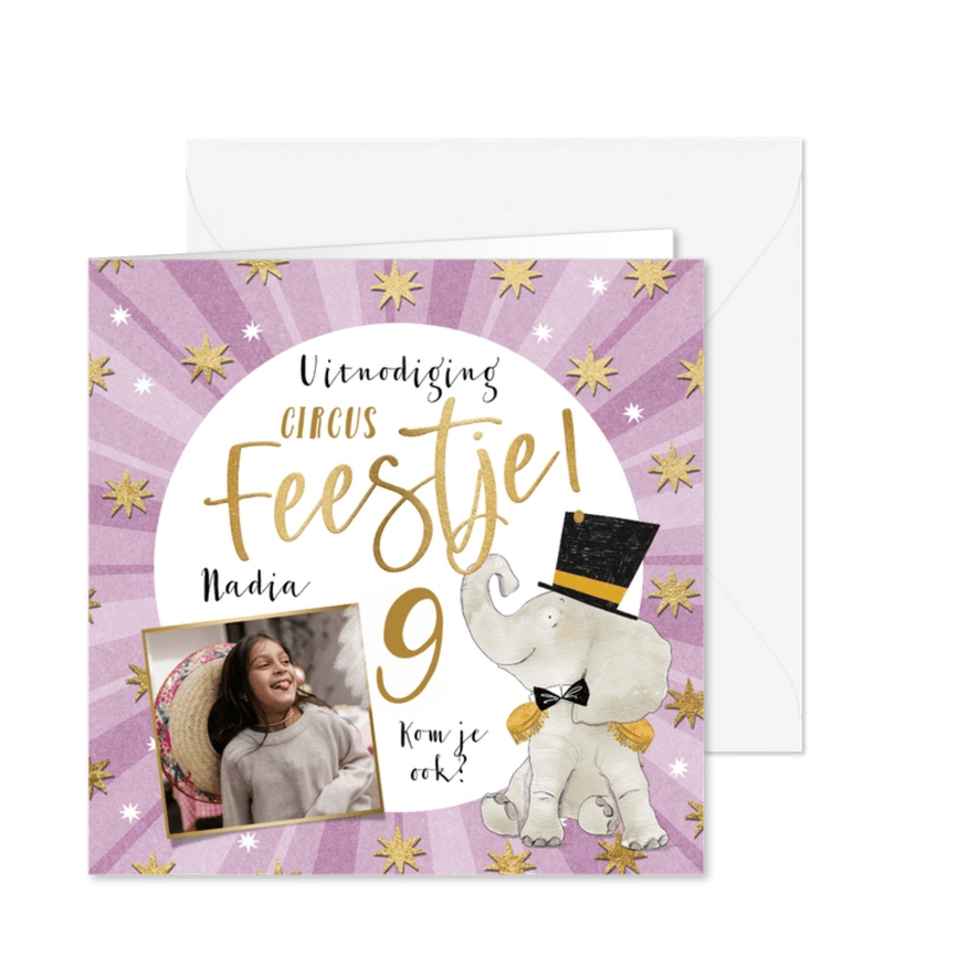 Uitnodiging kinderfeestje circus illustratie olifant goud - Kaartimpressie