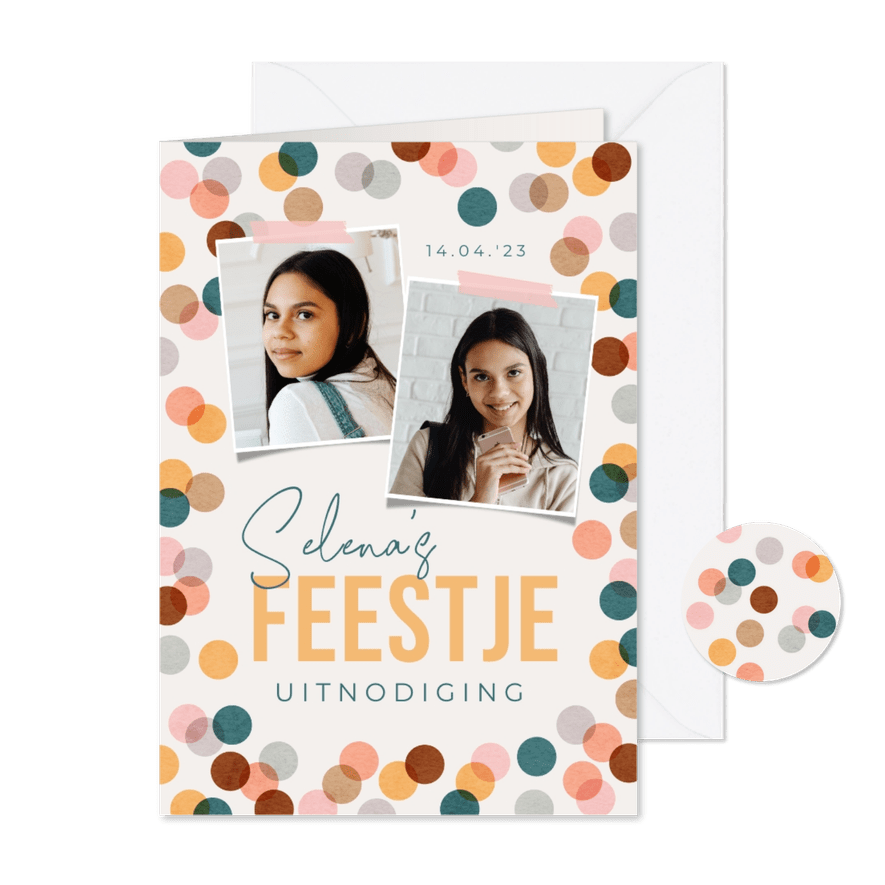 Uitnodiging kinderfeestje confetti foto's papier  - Kaartimpressie