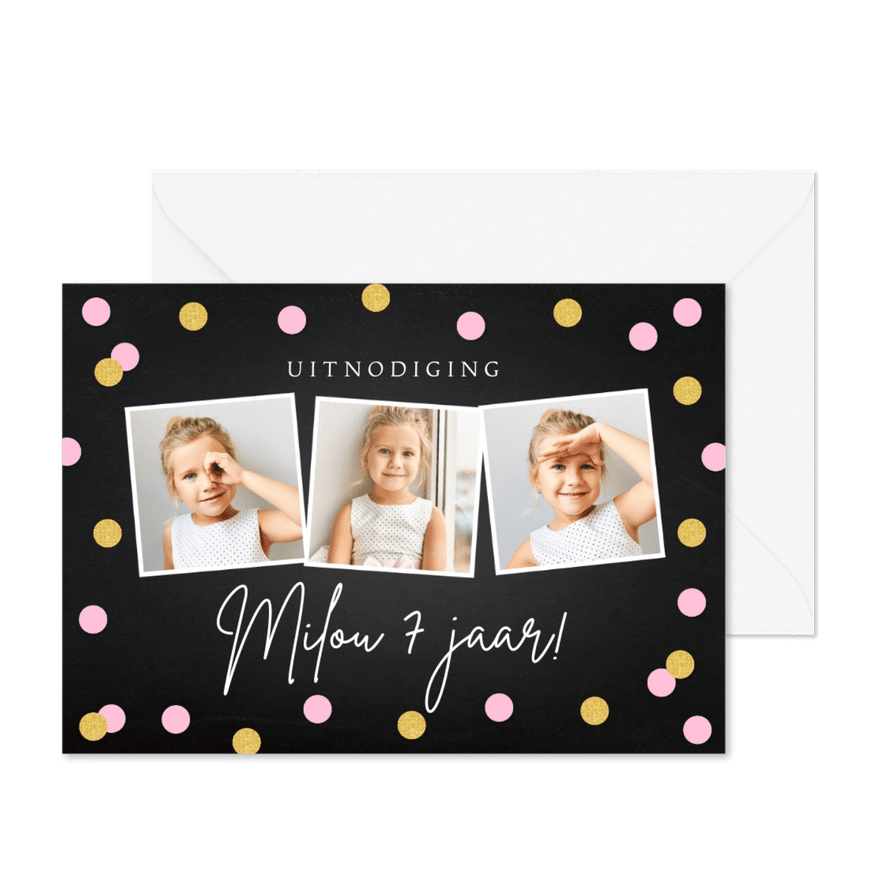 Uitnodiging kinderfeestje confetti fotocollage meisje - Kaartimpressie
