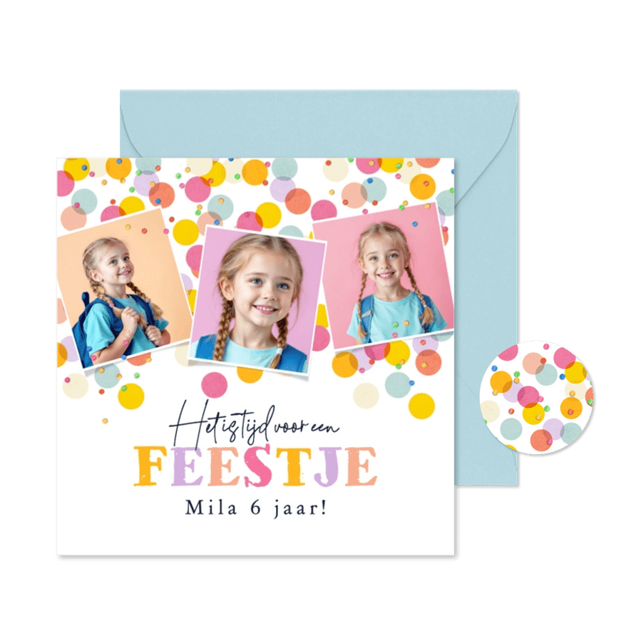 Uitnodiging kinderfeestje confetti kleurrijk foto's - Kaartimpressie