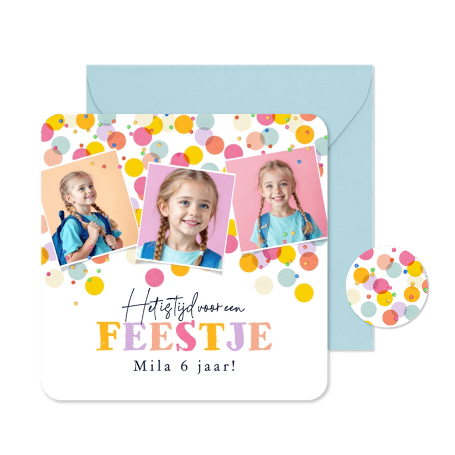 Uitnodiging kinderfeestje confetti kleurrijk foto's - Kaartimpressie