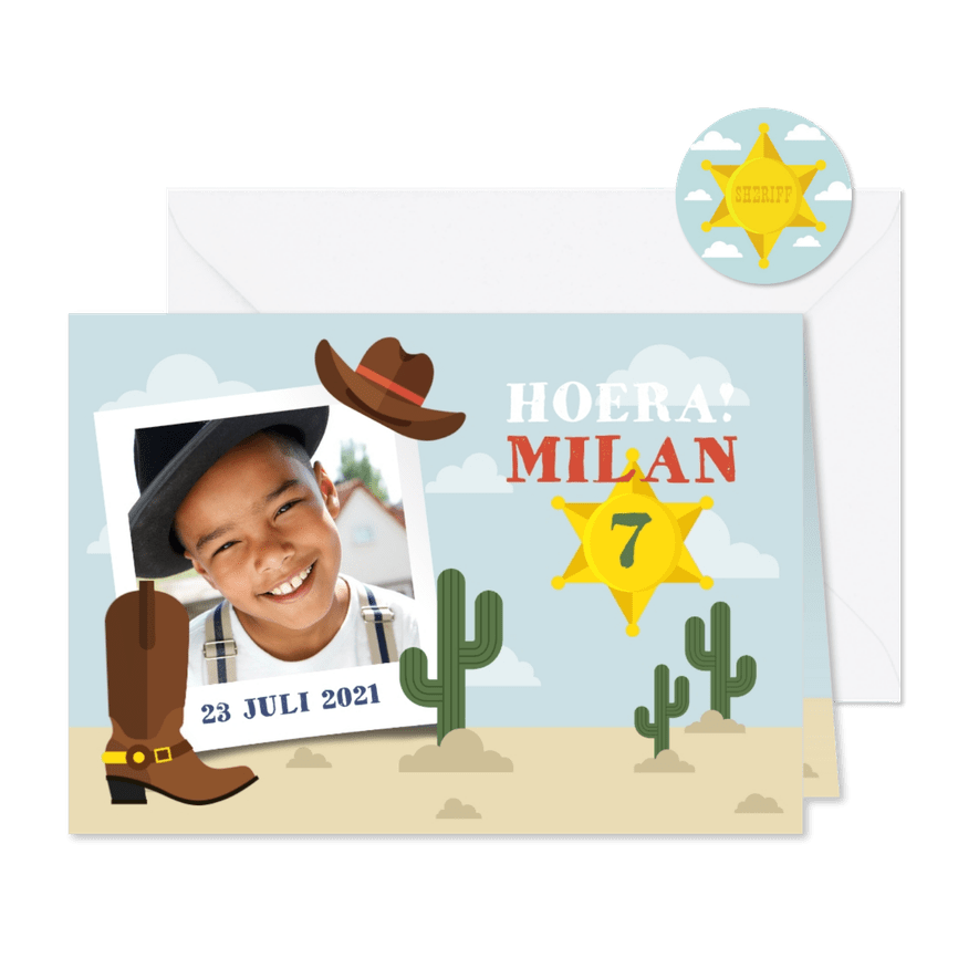 Uitnodiging kinderfeestje cowboyhoed, laars en sheriff ster - Kaartimpressie