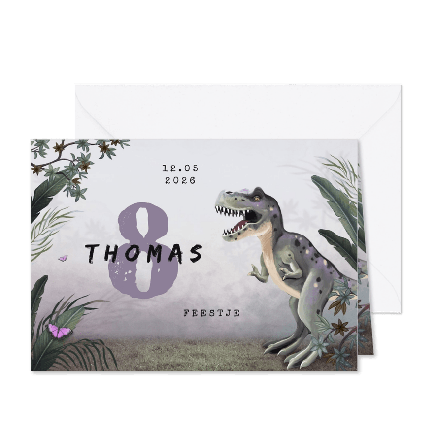 Uitnodiging kinderfeestje dino jungle trex - Kaartimpressie