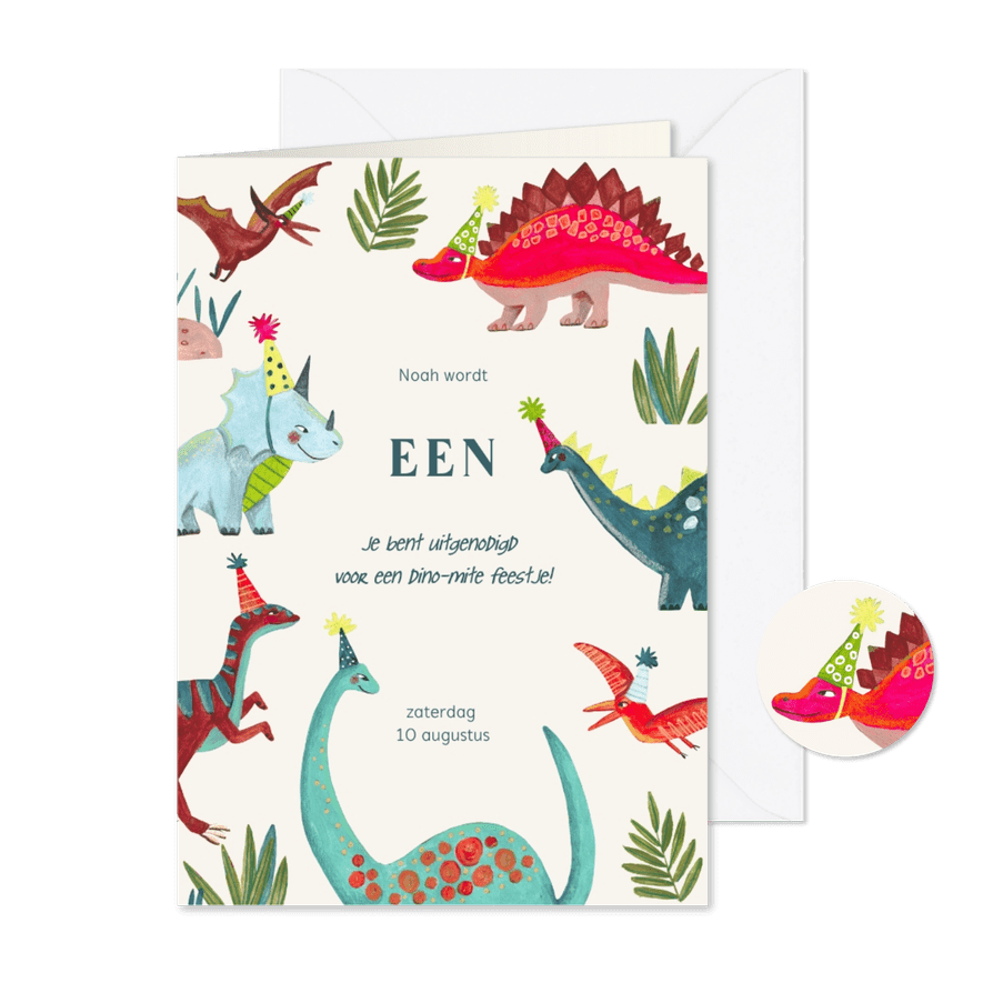 Uitnodiging kinderfeestje dinosaurus met verjaardag hoedjes - Kaartimpressie