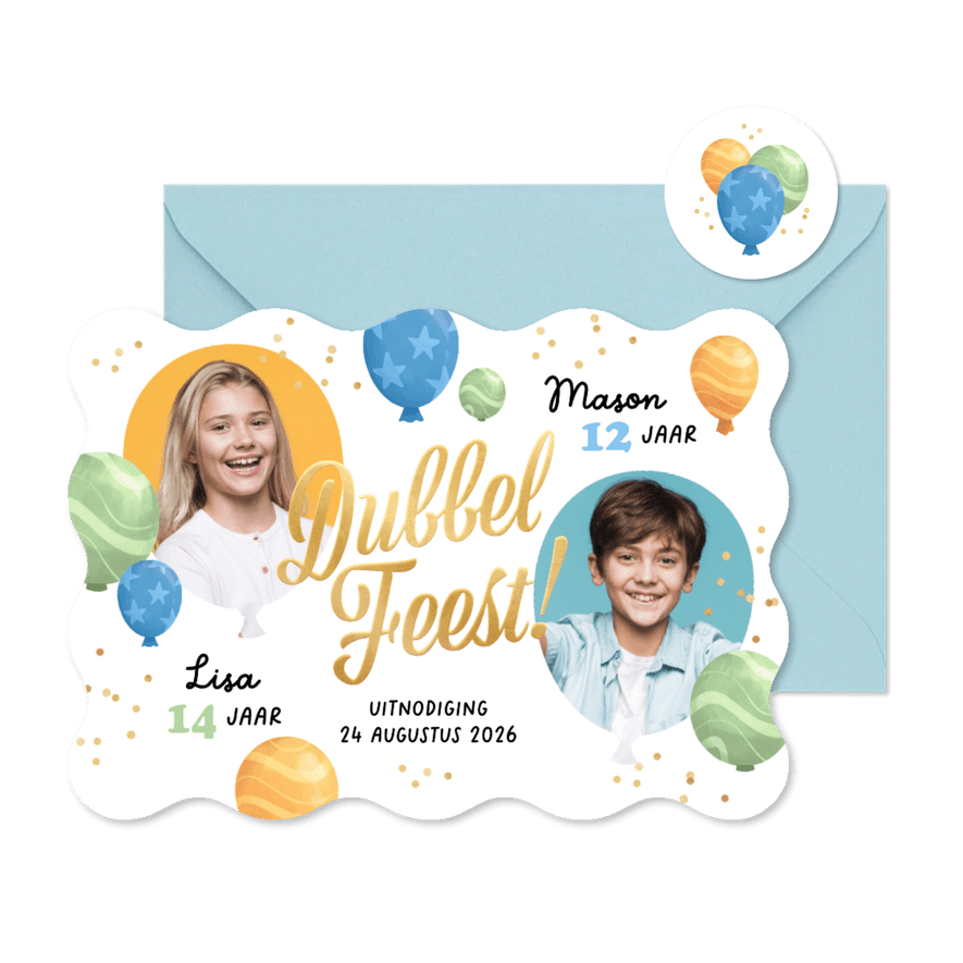 Uitnodiging kinderfeestje dubbel feest ballonnen confetti - Kaartimpressie