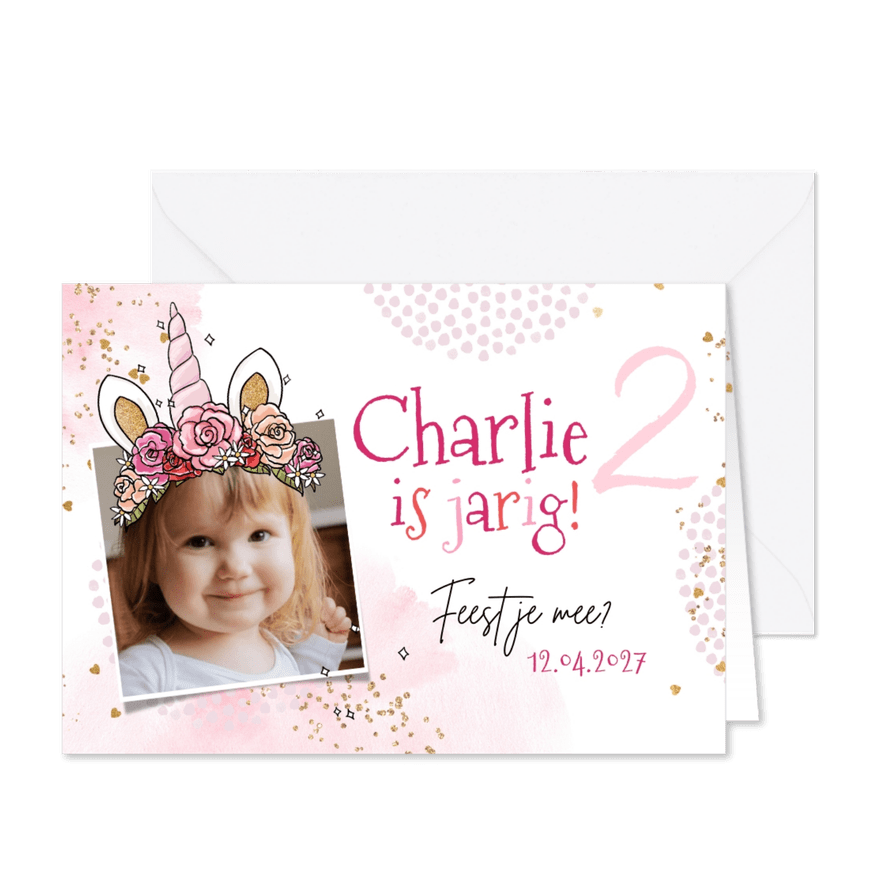 Uitnodiging kinderfeestje eenhoorn kroon foto roze - Kaartimpressie