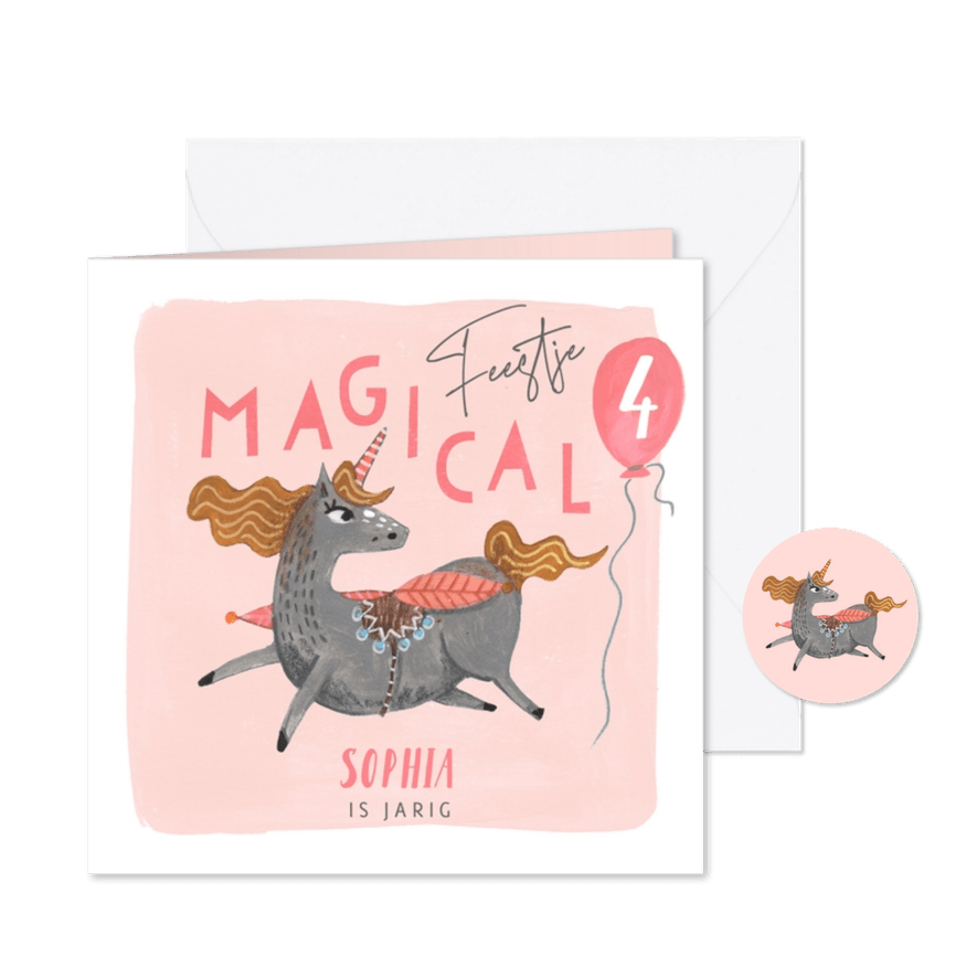 Uitnodiging kinderfeestje eenhoorn roze - Kaartimpressie