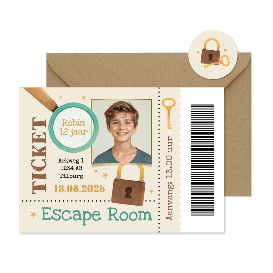 Uitnodiging kinderfeestje escape room ticket foto stoer - Kaartimpressie