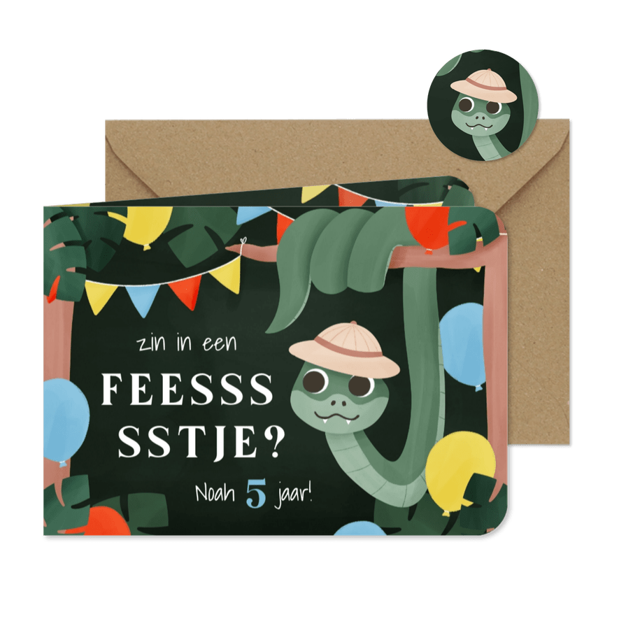Uitnodiging kinderfeestje feessstje slang ballon vlag - Kaartimpressie