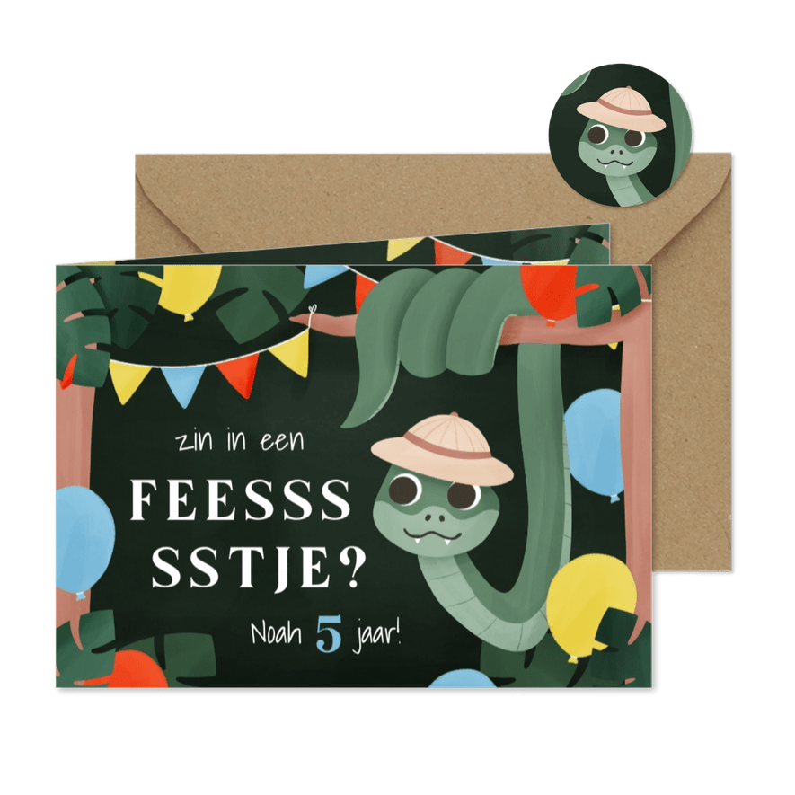 Uitnodiging kinderfeestje feessstje slang ballon vlag - Kaartimpressie