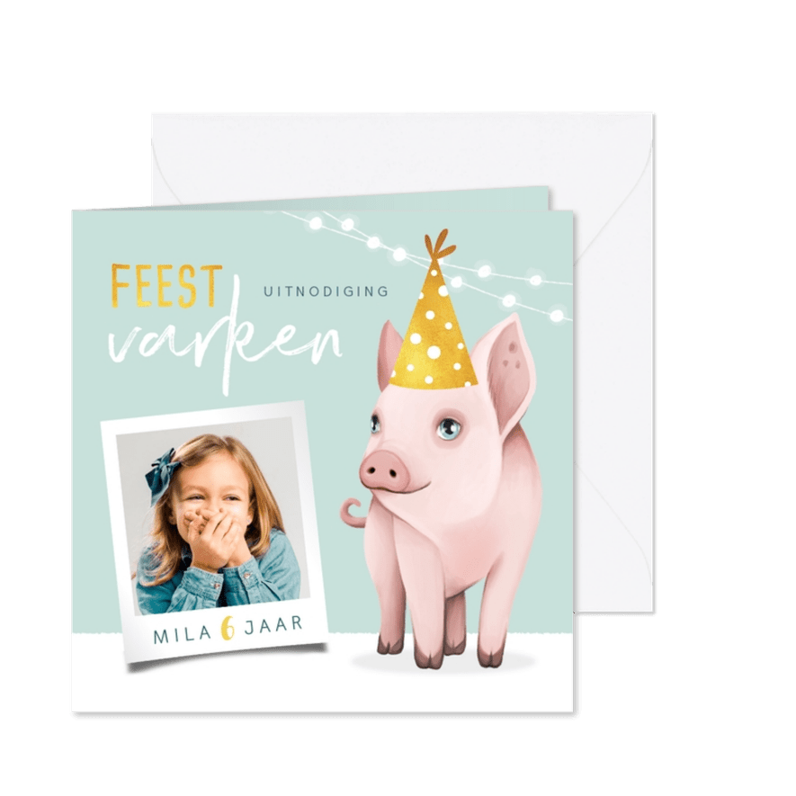 Uitnodiging kinderfeestje feestvarken goud slinger - Kaartimpressie