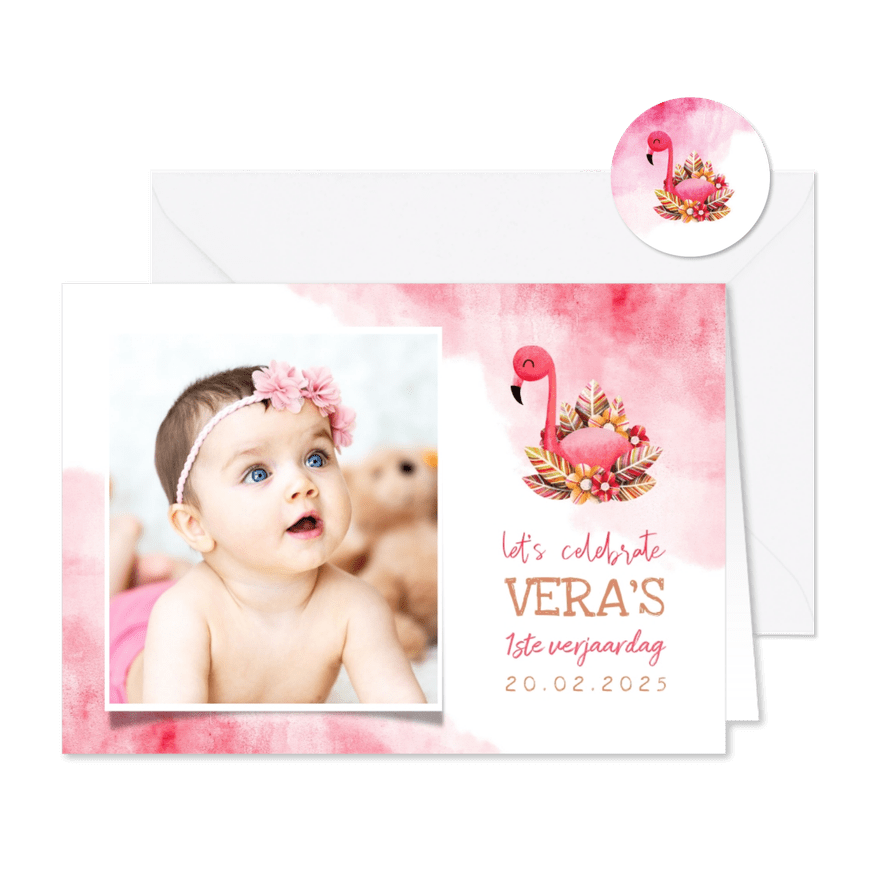 Uitnodiging kinderfeestje flamingo met foto en waterverf - Kaartimpressie