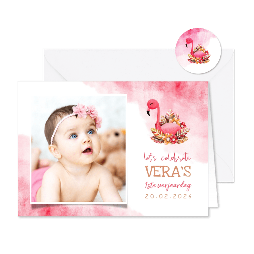 Uitnodiging kinderfeestje flamingo met foto en waterverf - Kaartimpressie